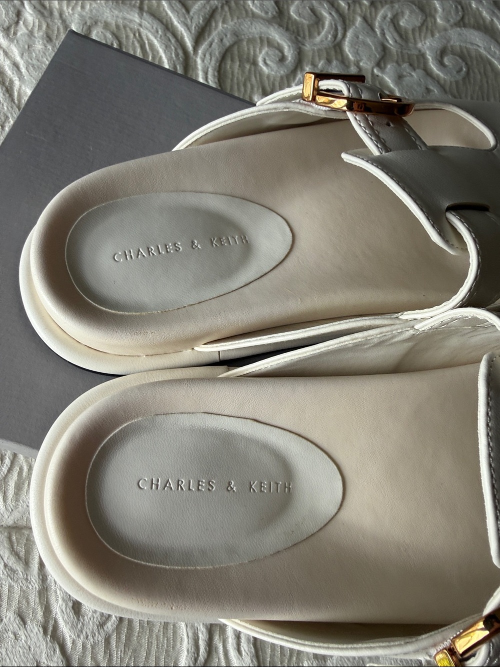 Charles & Keith Cream Slide Sandals with Gold Buckles - Picture 6 of 7